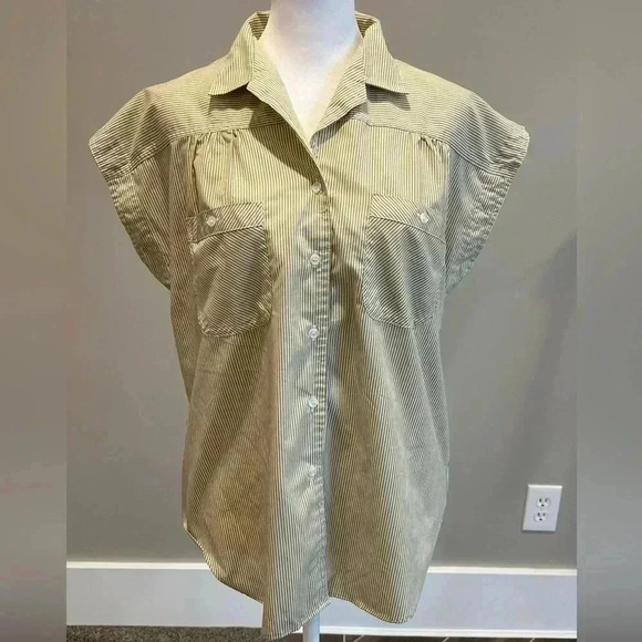 Vintage Linnay stripe boxy cap sleeve button down blouse pockets cream/white - Picture 2 of 10